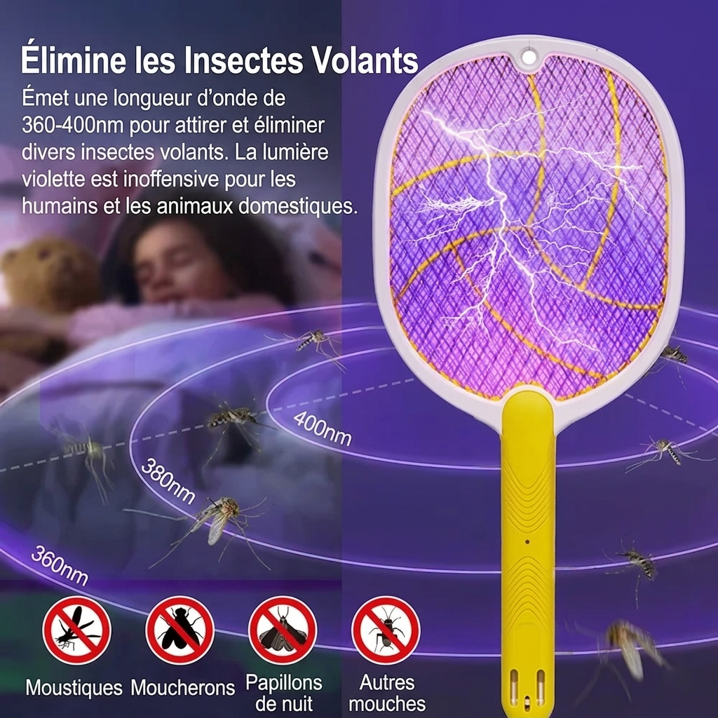 Raquette Électrique Anti-Moustiques Rechargeable USB – Tue-Insectes Haute Tension - Jaune