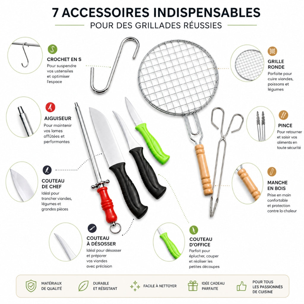 Kit Barbecue en Acier Inoxydable – Grille 22 cm + Couteaux + Pince + Aiguiseur