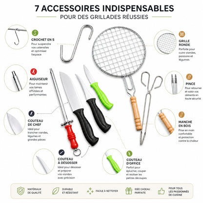 Kit Barbecue en Acier Inoxydable – Grille 22 cm + Couteaux + Pince + Aiguiseur
