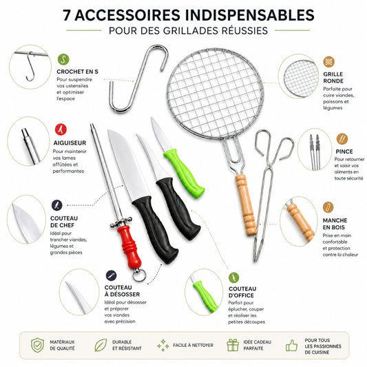 Kit Barbecue en Acier Inoxydable – Grille 22 cm + Couteaux + Pince + Aiguiseur
