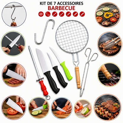 Kit Barbecue en Acier Inoxydable – Grille 22 cm + Couteaux + Pince + Aiguiseur