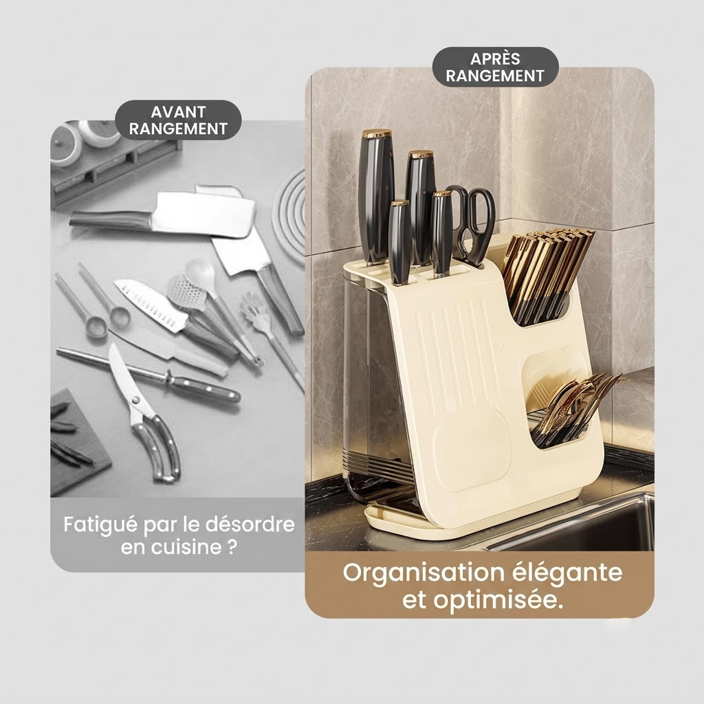 Organisateur Multifonction Pour Ustensiles de Cuisine - 25×11,5×23 cm - Beige