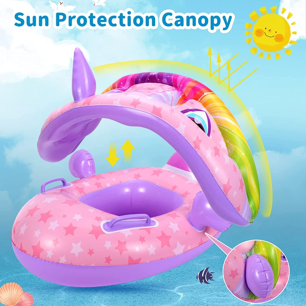 Bouée Gonflable Licorne avec Pare-Soleil pour Enfant – Rose et Violet – 70 x 70 cm