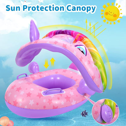 Bouée Gonflable Licorne avec Pare-Soleil pour Enfant – Rose et Violet – 70 x 70 cm